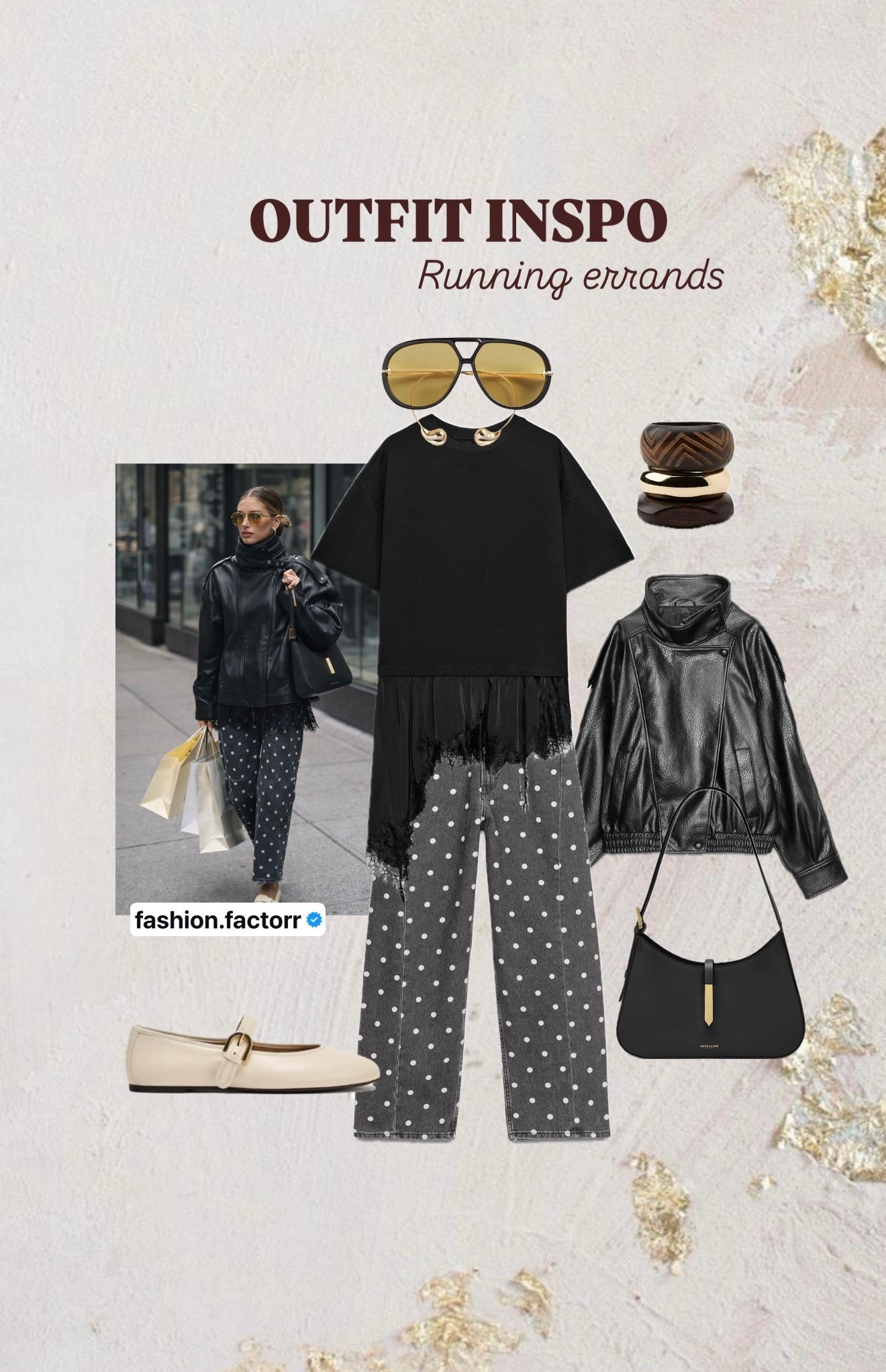 Outfit inspo - running errands, coffee with your bestie, city stroll, …

High neck leather jacket, polka dot jeans, tshirt with lace finish, ballet flats, aviator sunglasses, statement jewelry, spring outfit, fashion trends 2026, elevated basics,  neutral style, streetstyle ootd

#LTKFestival #LTKgrwm #LTKootd
