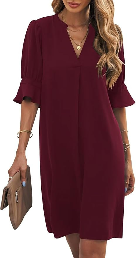 Wkior Shift Dress for Women V Neck Short Sleeves Solid Color Casual Flowy Summer Dresses(S-2XL) | Amazon (US)