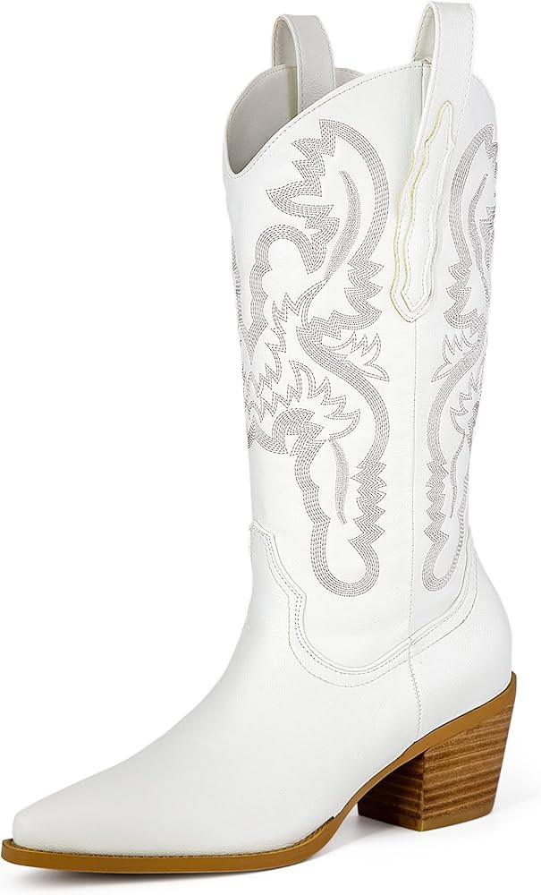 Ouepiano Women's Western Cowboy Embroidered Mid Calf Boots, Almond Pointed Toe 6cm Medium Chunky ... | Amazon (US)