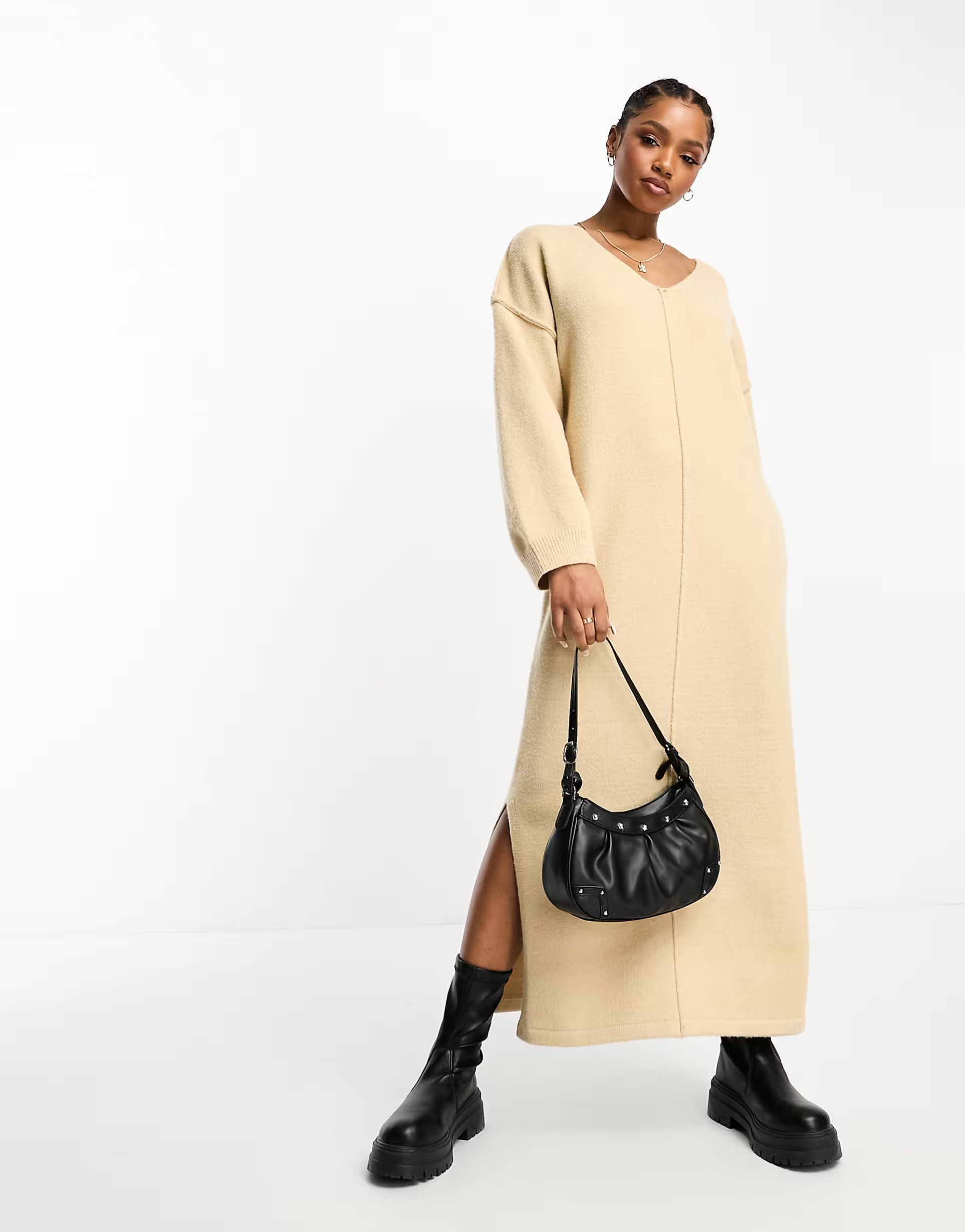 The Frolic soft oversized knitted v-neck maxi dress in tan | ASOS (Global)