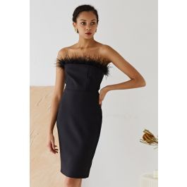 Feather Trim Bodycon Tube Cocktail Dress in Black | Chicwish