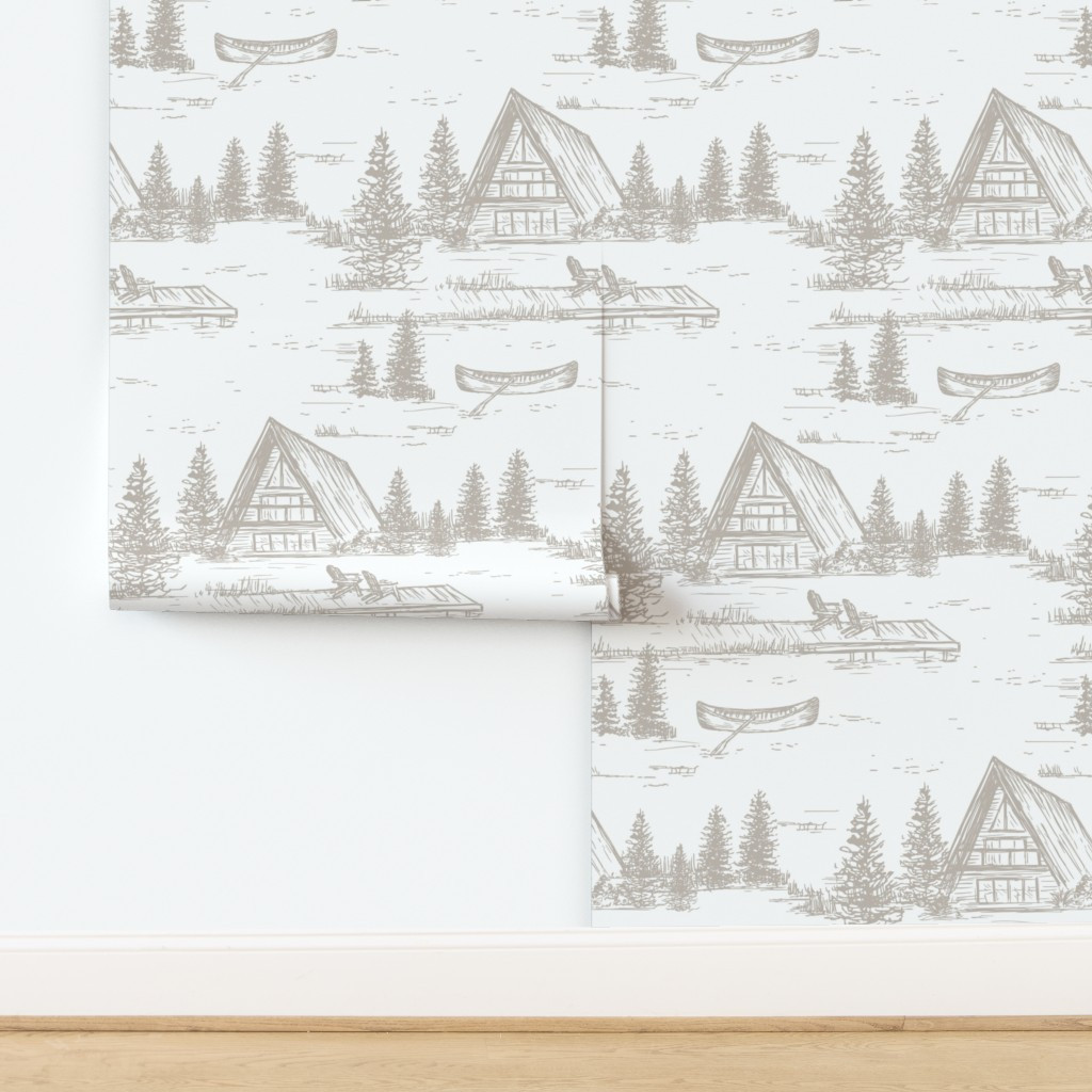 Wallpaper in Camping Wallpaper - Lake House Toile in Grey & White | Spoonflower