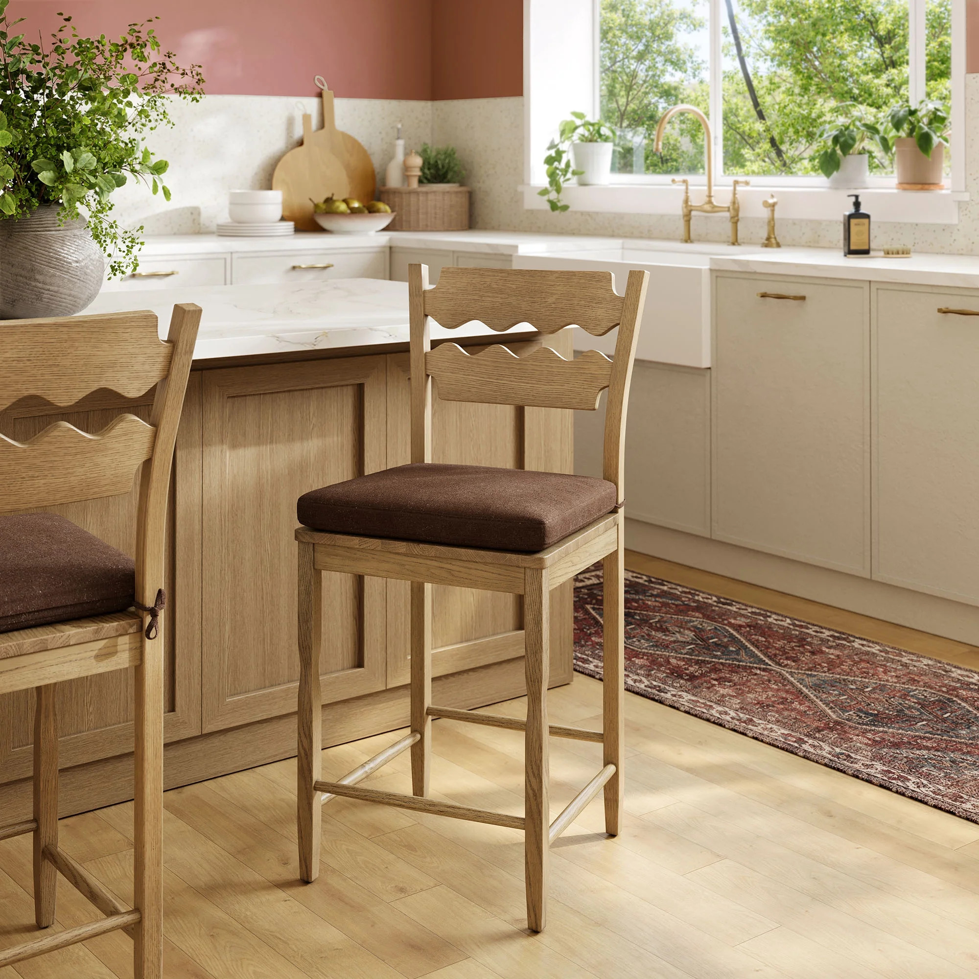 Modway Jax Oak Wood Counter Stool With Wavy Razor Back and Cushion in Weat | Walmart (US)