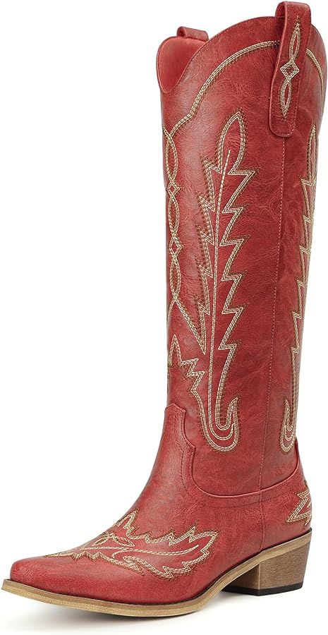 Red Cowboy Boots for Women - Wide Calf Knee High Embroidered Western Cowgirl Boots, Pointed Toe C... | Amazon (US)