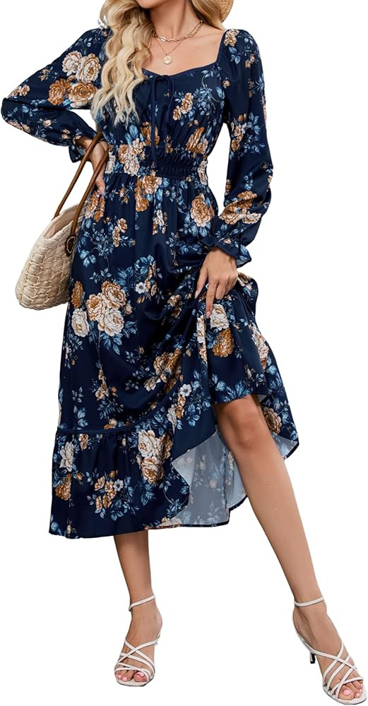 ZAFUL Women's 2025 Long Sleeve Square Neck Fall Boho Floral Midi Dress High Waist Flowy A Line Ti... | Amazon (US)