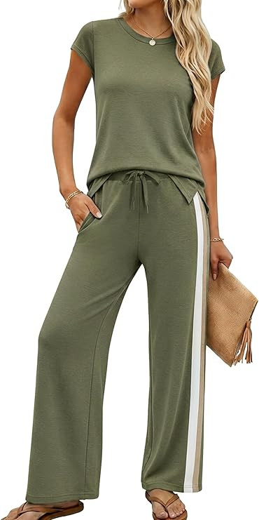 Casly Lamiit 2 Piece Pants Set for Women Travel Set Short Sleeve Track Suits Shirt and Pants Set ... | Amazon (US)