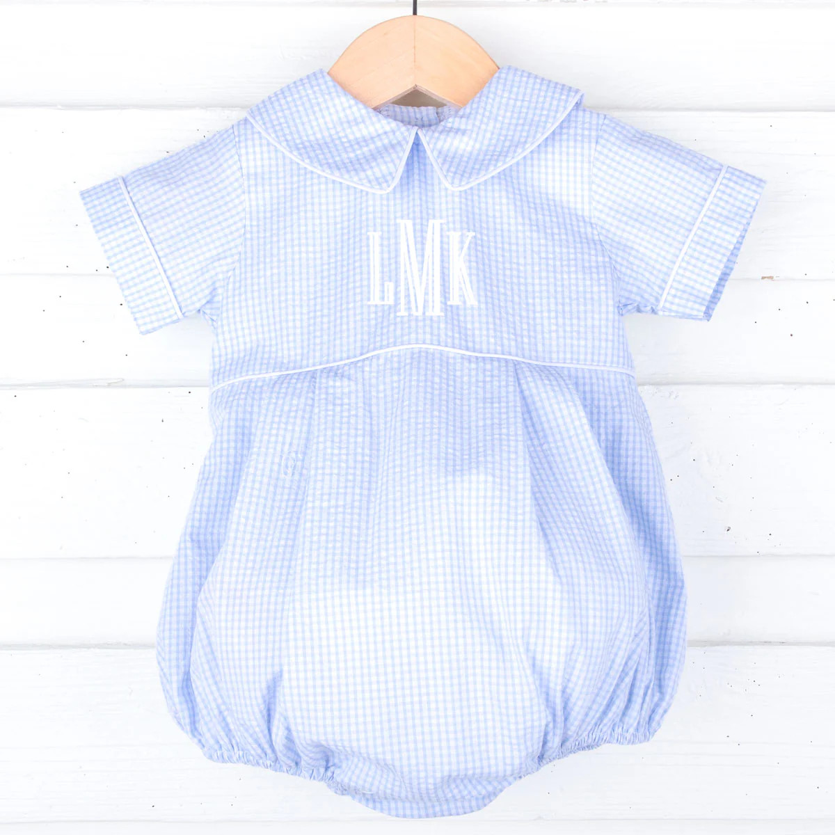 Spring In Blue Seersucker Collared Bubble | Classic Whimsy