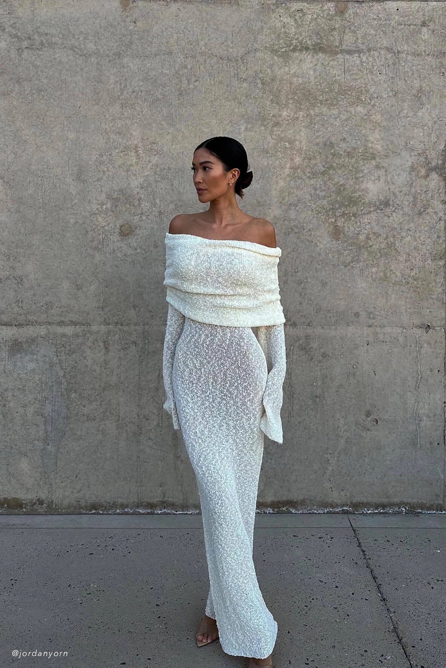 Marisol Off Shoulder Boucle Maxi Dress - Ivory | MESHKI US