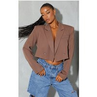 Mocha Woven Cropped Shoulder Padded Blazer | PrettyLittleThing UK