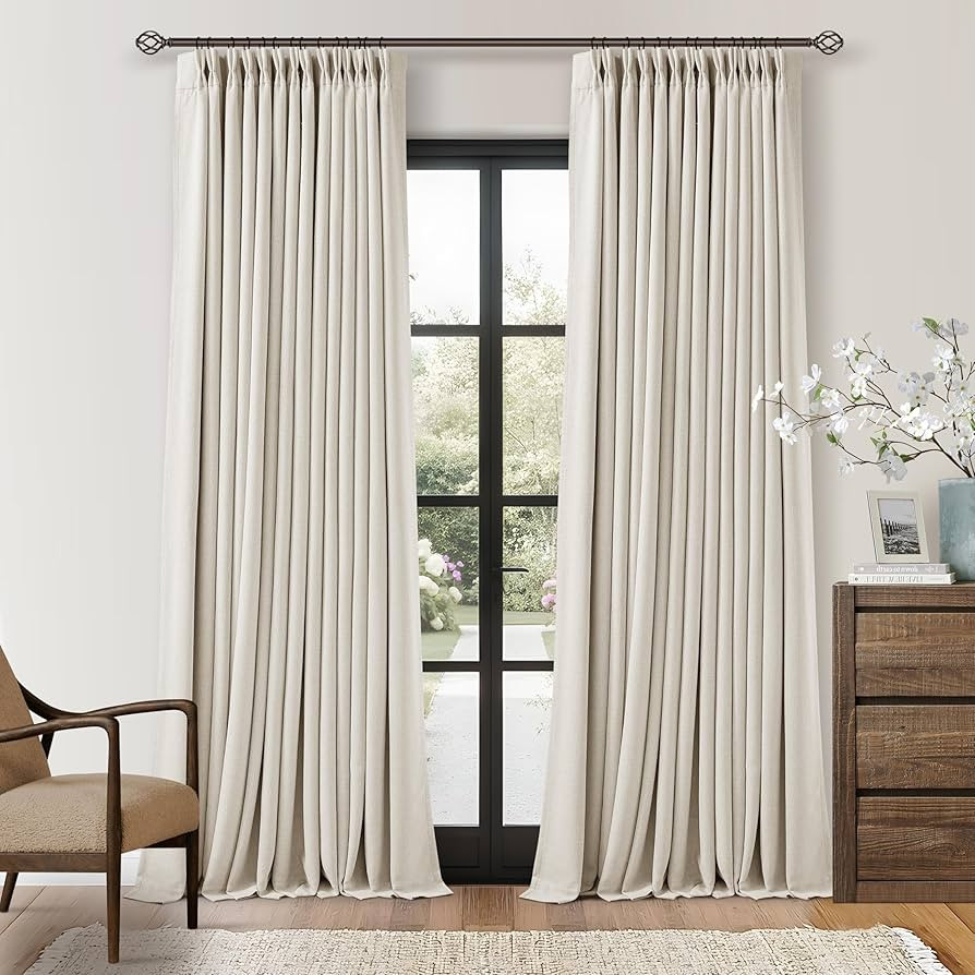Cream White Linen Blackout Pleated Curtains 108 Inches Long 2 Panels Set Pinch Pleate 100% Black ... | Amazon (US)