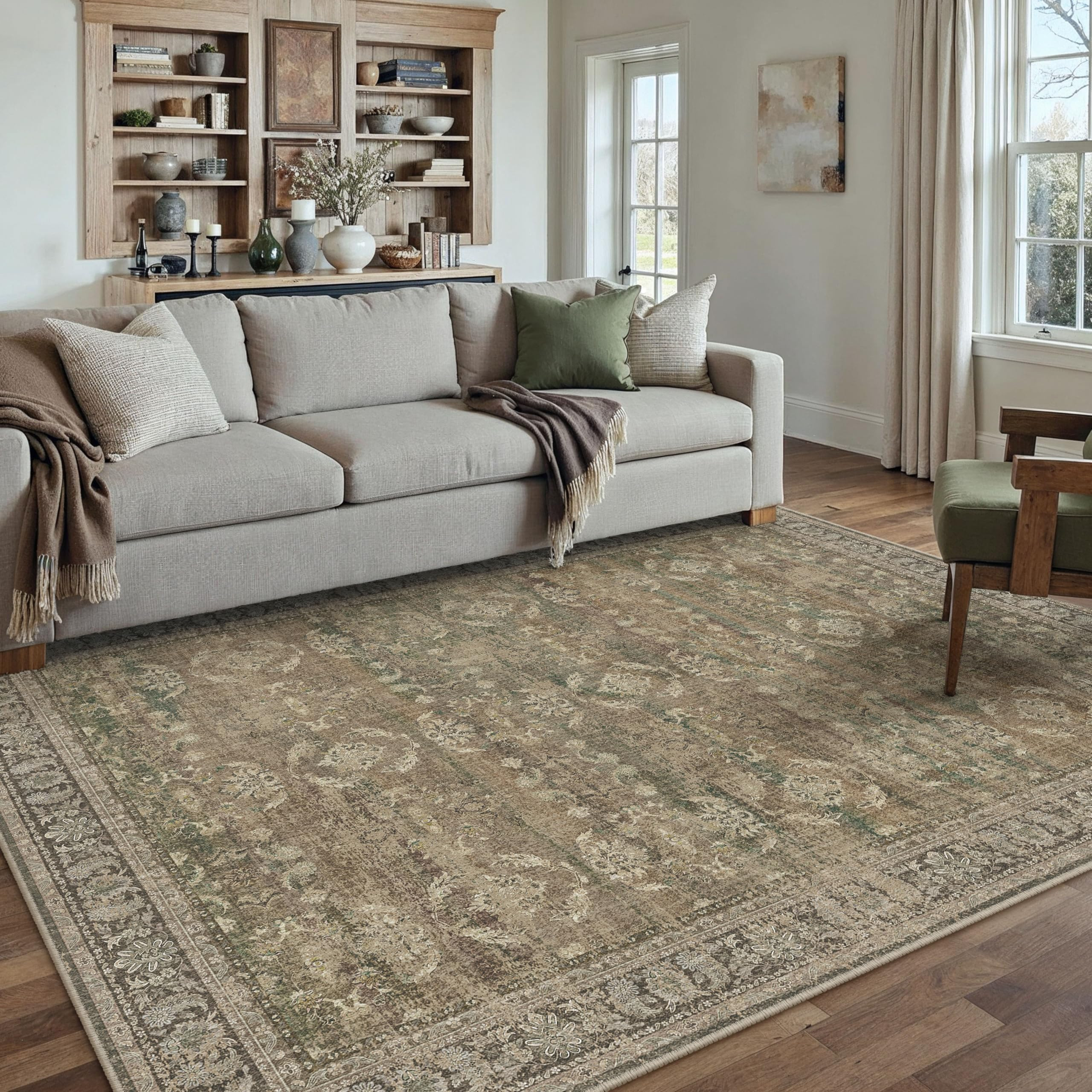PureCozy 5x7 Brown Area Rug for Living Room Washable Vintage Distressed Carpet Bedroom Low Pile N... | Amazon (US)