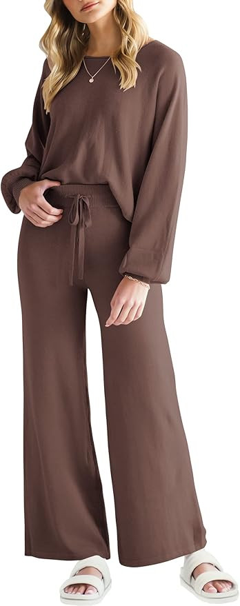 ANRABESS Women’s Two Piece Outfits Lounge Set Long Lantern Sleeve Crewneck Crop Top with Wide L... | Amazon (US)