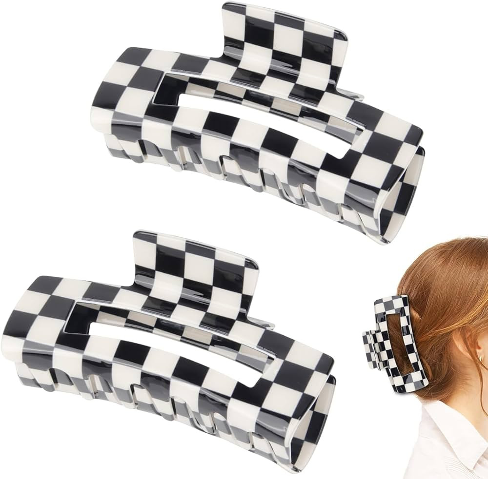 Checkered Hair Clip, 2Pcs Checkered Claw Hair Clip - Black and White Rectangle Square Clips, Bana... | Amazon (US)