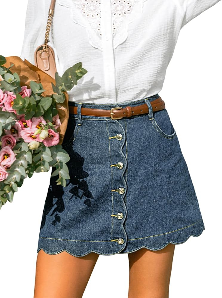 CUPSHE Women\u2019s Denim Mini Skirt Button Front A-Line Jean High Waist Scalloped Hem Casual Out... | Amazon (US)