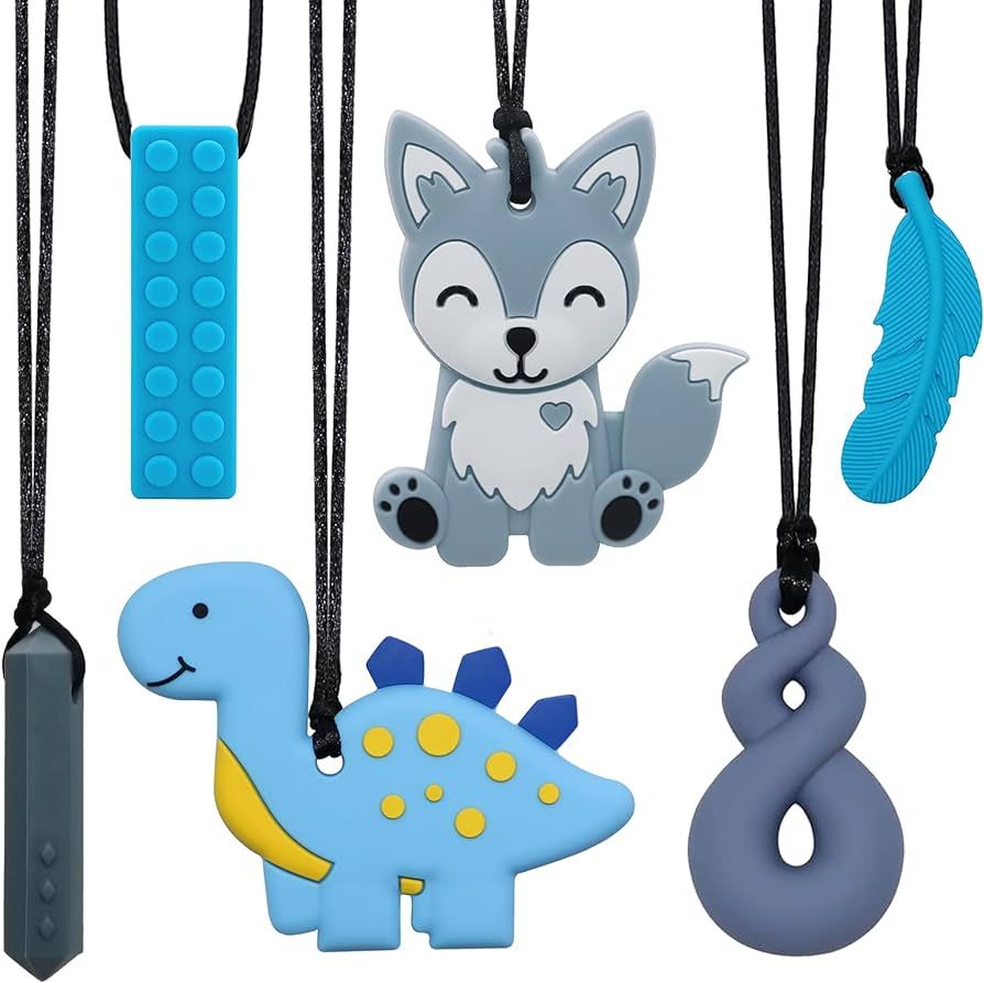 Chew Necklaces for Sensory Kids, 6 Pack Fox and Dinosaur Silicone Chewing Necklace for Boys and G... | Amazon (US)