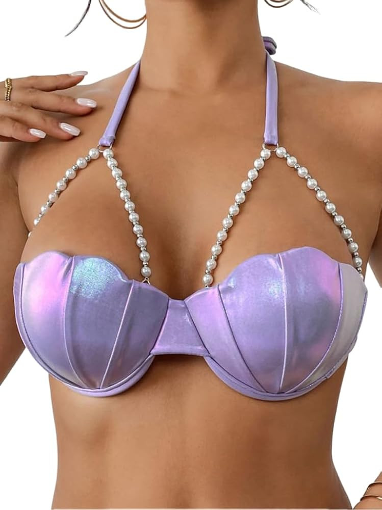 Traje de baño de sirena para mujer con brasier de concha de mar con cuello halter y tirantes aju... | Amazon (US)