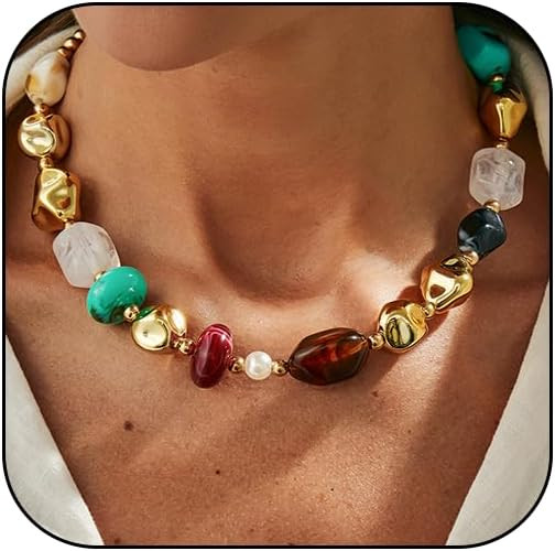 Chunky Acrylic Beaded Necklace for Women Colorful Acrylic Resin Beaded Choker Big Round Beads Sta... | Amazon (US)