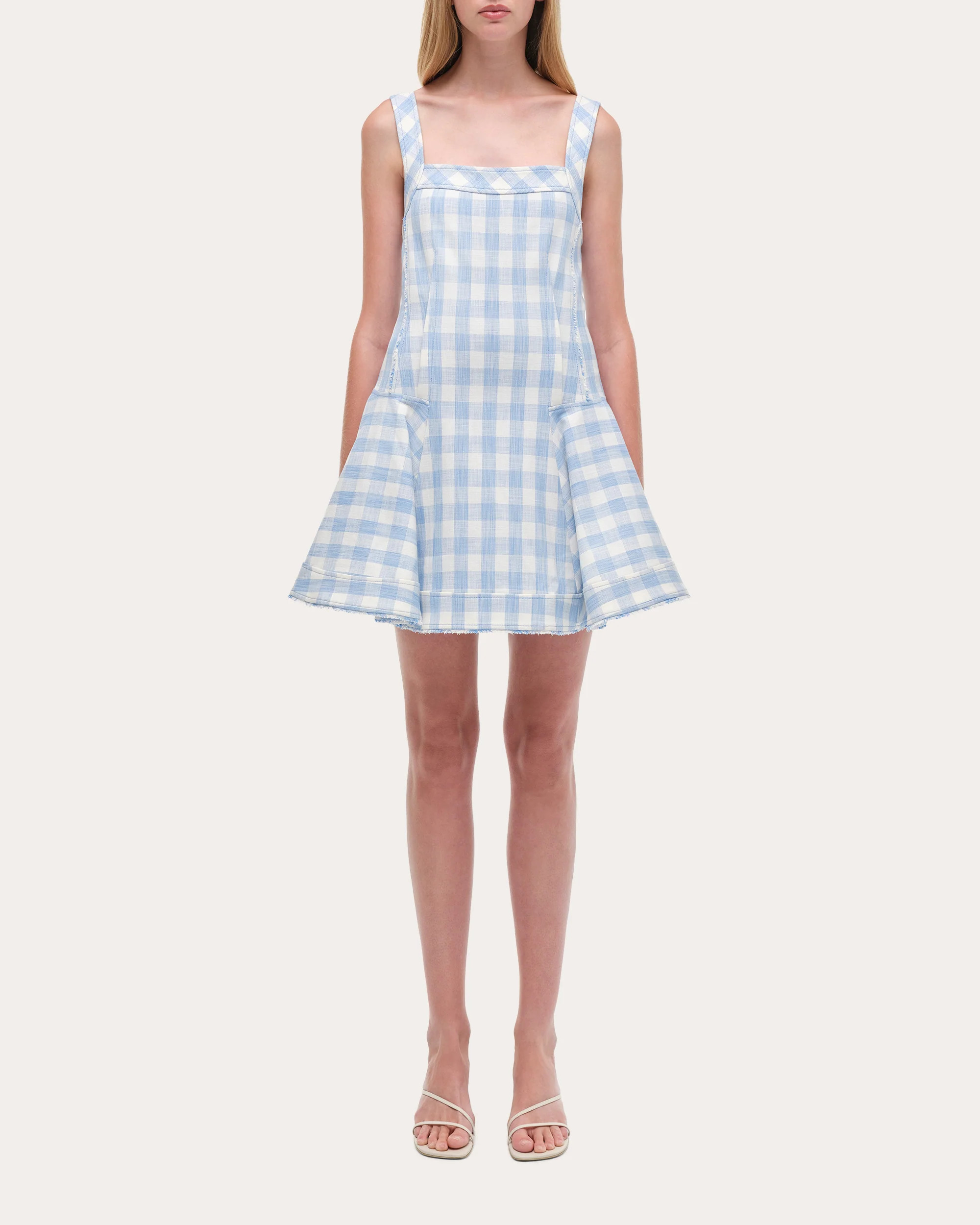 SIMKHAI Women's Hannalie Gingham Fit & Flare Mini Dress in Blue Hydrangea Gingham Viscose/Polyester/Spandex | Olivela