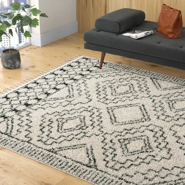 Adry Geometric Shag Rug for Living Room Bedroom Dining Room Nursery Entryway Hallway, Off White/C... | Wayfair North America