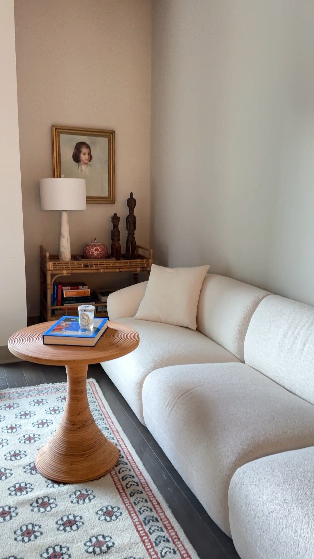 An extra long sofa in performance bouclé fabric in my living room! I styled it with a curved burl wood side table with storage for a modern statement that looks so classic #LTKhome #LTKstyletip

#LTKVideo