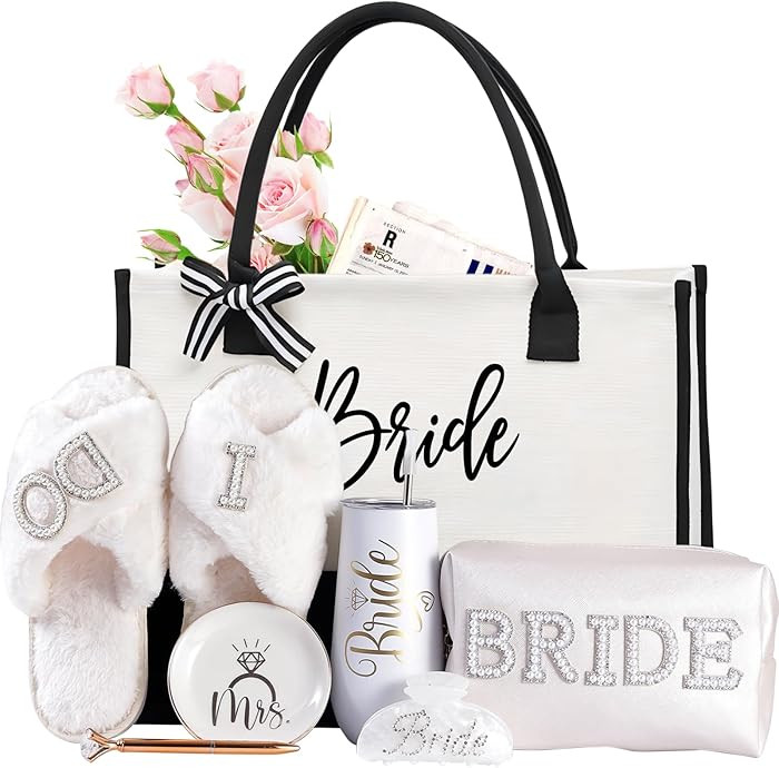 Bridal Shower Gifts\u20137-Piece Bride Gift Set with Tumbler, Tote, Slippers, Makeup Bag & More-G... | Amazon (US)