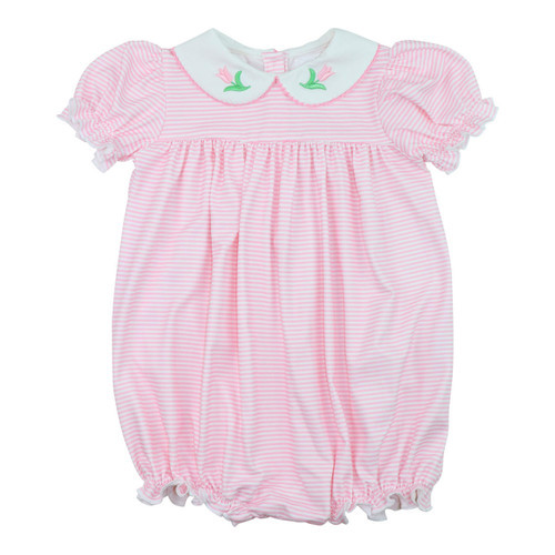 Pink Stripe Knit Embroidered Tulip Bubble | Cecil and Lou