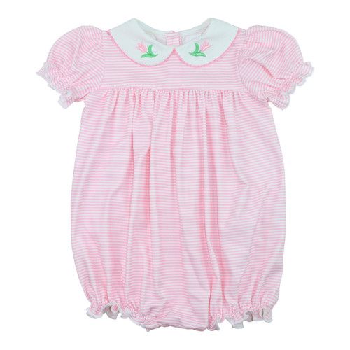 Pink Stripe Knit Embroidered Tulip Bubble | Cecil and Lou