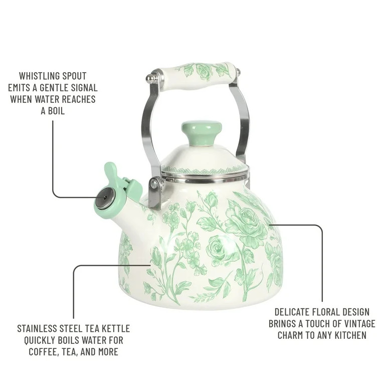 The Pioneer Woman Agatha Enamel on Steel 2.0-Quart Whistling Tea Kettle Pot, Green | Walmart (US)