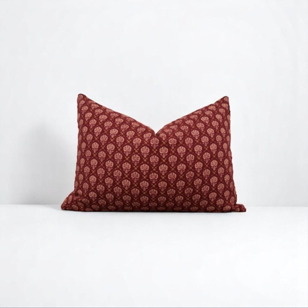 Block Print Pillow Cover, Lumbar Block Print Pillow, Red Floral Pillow, Christmas Pillow Cover, B... | Etsy (US)