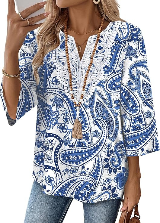 WIHOLL 3/4 Length Sleeve Womens Tops Boho V Neck Lace Shirt Trendy Blouses Dressy Casual Vacation... | Amazon (US)