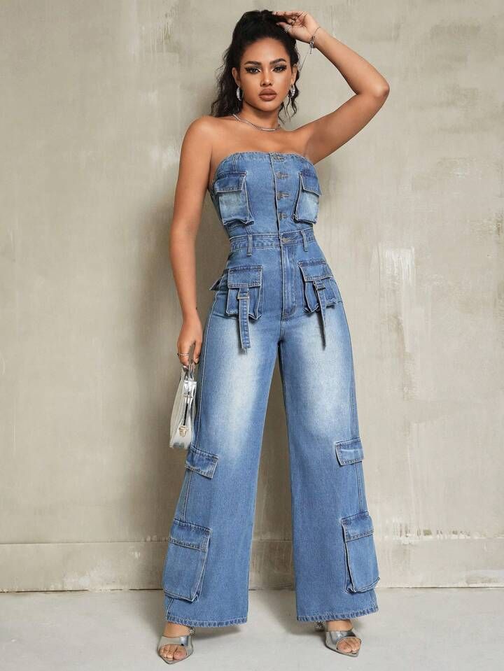 SHEIN SXY Water Washed Denim Overalls Jumpsuit With Flap Pockets | SHEIN