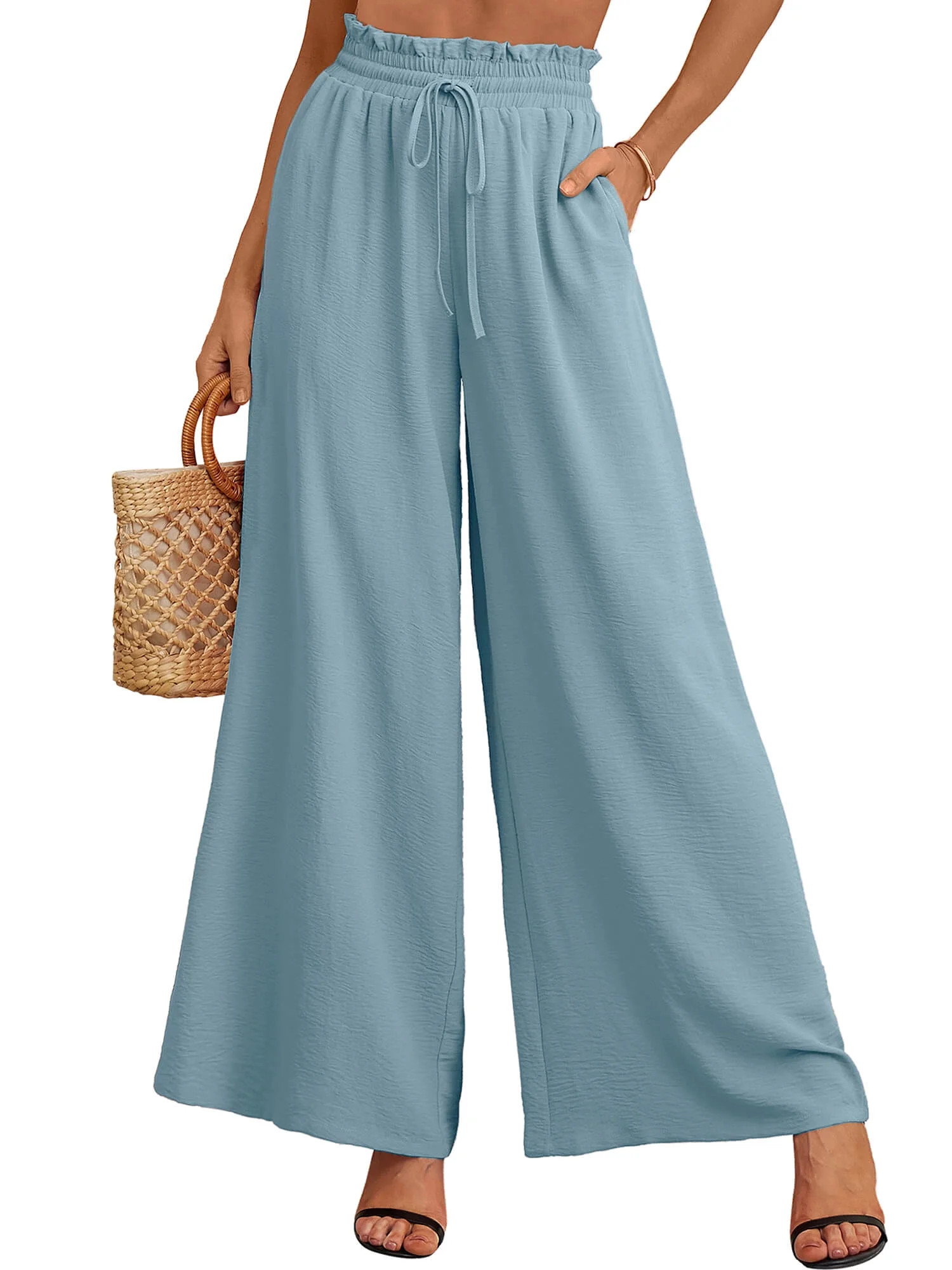 SHOWMALL Women's Pants Casual Elastic High Waisted Wide Leg Pants Blue Gray L Palazzo Pants with ... | Walmart (US)