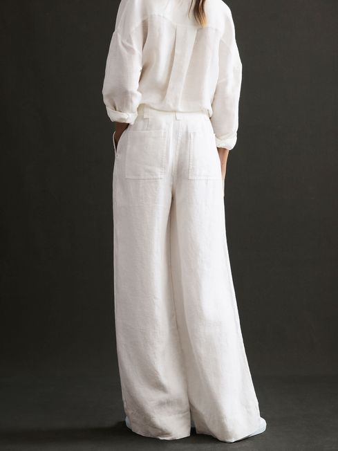 Reiss White Demi Linen Wide Leg Garment Dyed Trousers | Reiss UK