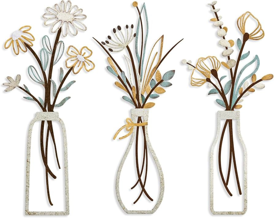 Pigort 3 Pieces Metal Flowers Wall Art- Rustic Farmhouse Decor Minimalist Decor for Living Room B... | Amazon (US)