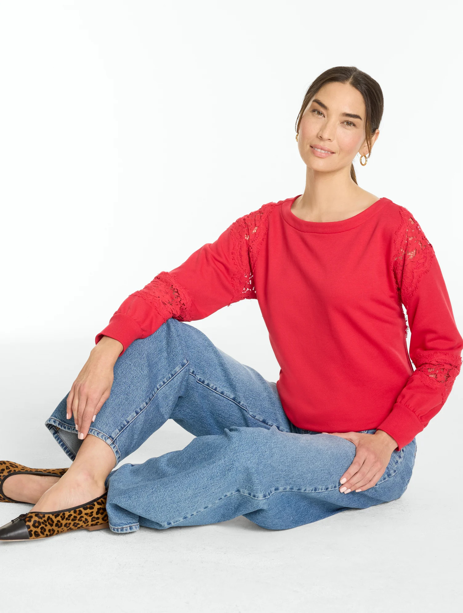 Pieced Lace Sweatshirt - Red - Large Talbots | Talbots