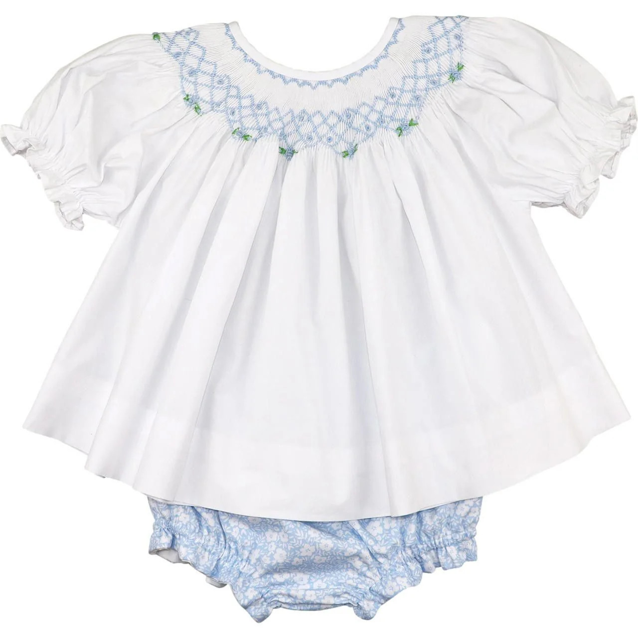 Blue And White Floral Smocked Diaper Set | Cecil and Lou