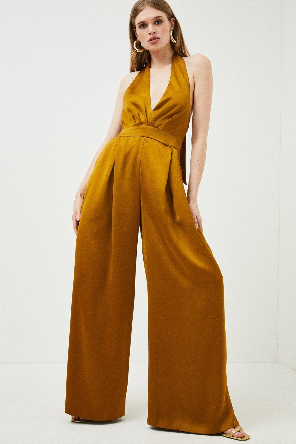 Satin Back Crepe Halter Neck Jumpsuit | Karen Millen US