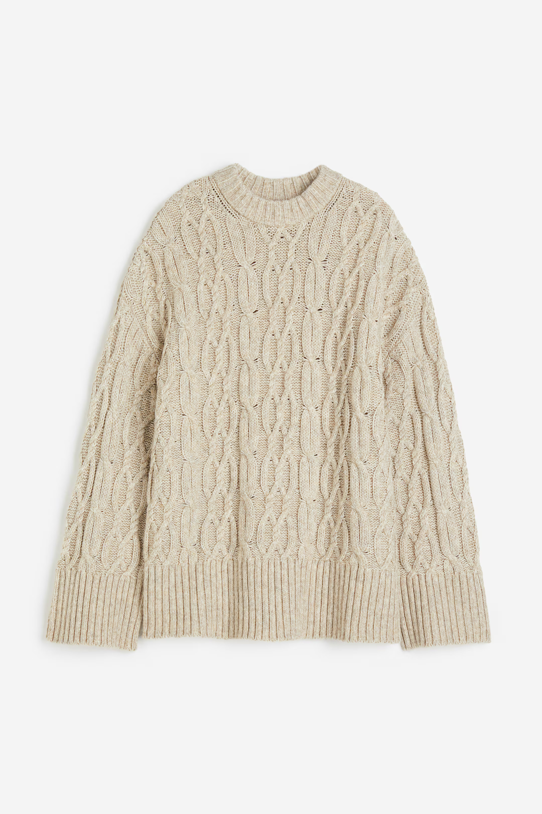 Cable-knit jumper - Round neck - Extra long sleeve - Light beige - Ladies | H&M GB | H&M (UK, MY, IN, SG, PH, TW, HK)