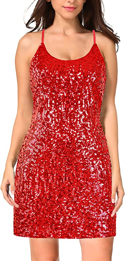 MANER Women's Glitter Sequin Dress Adjustable Spaghetti Strap Sparkle Party Dresses | Amazon (US)