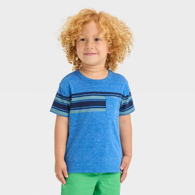 Toddler Boys' Short Sleeve Chest Striped Pocket T-Shirt - Cat & Jack™ Blue 12M | Target