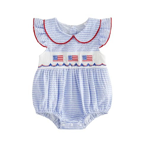 Ayalinggo Baby Girl 4th of July Outfits Newborn Smocked Bubble Romper Skirt Dress Ruffle American Flag Memorial Day Outfit (Blue Ruffle Stripe, 12-18 Months) | Amazon (US)