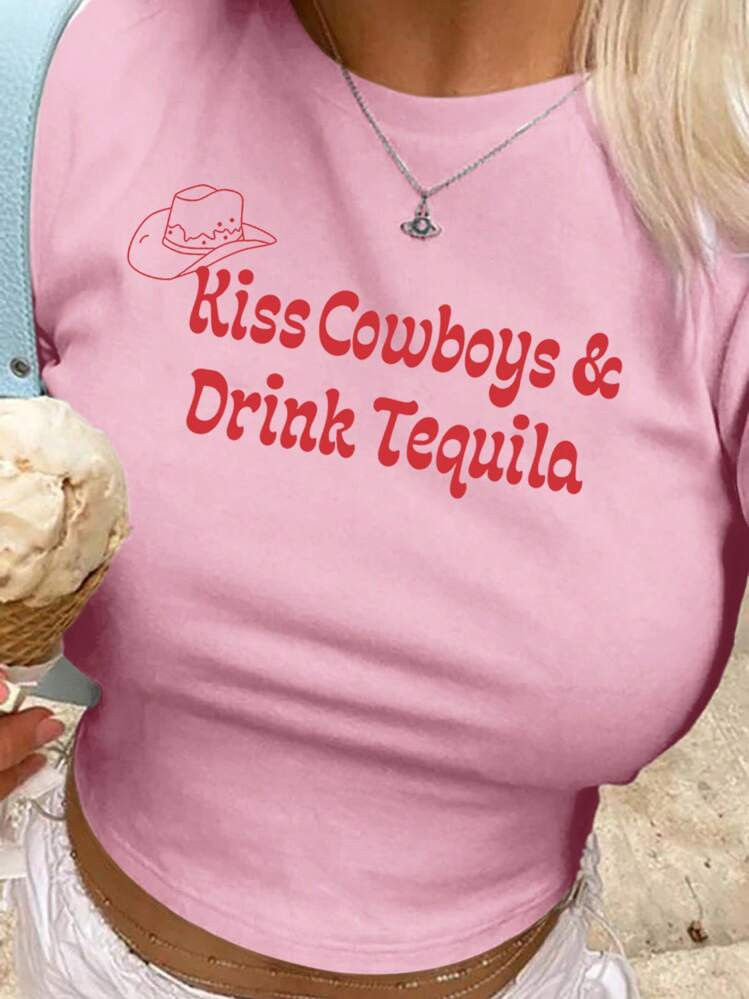 SHEIN MOOSTA Women's Y2K Pink Slogan Cowboy Western Style Cropped T-Shirt For Summer Kiss Cowboys Drink Tequila Graphic Tees Women Tops | SHEIN