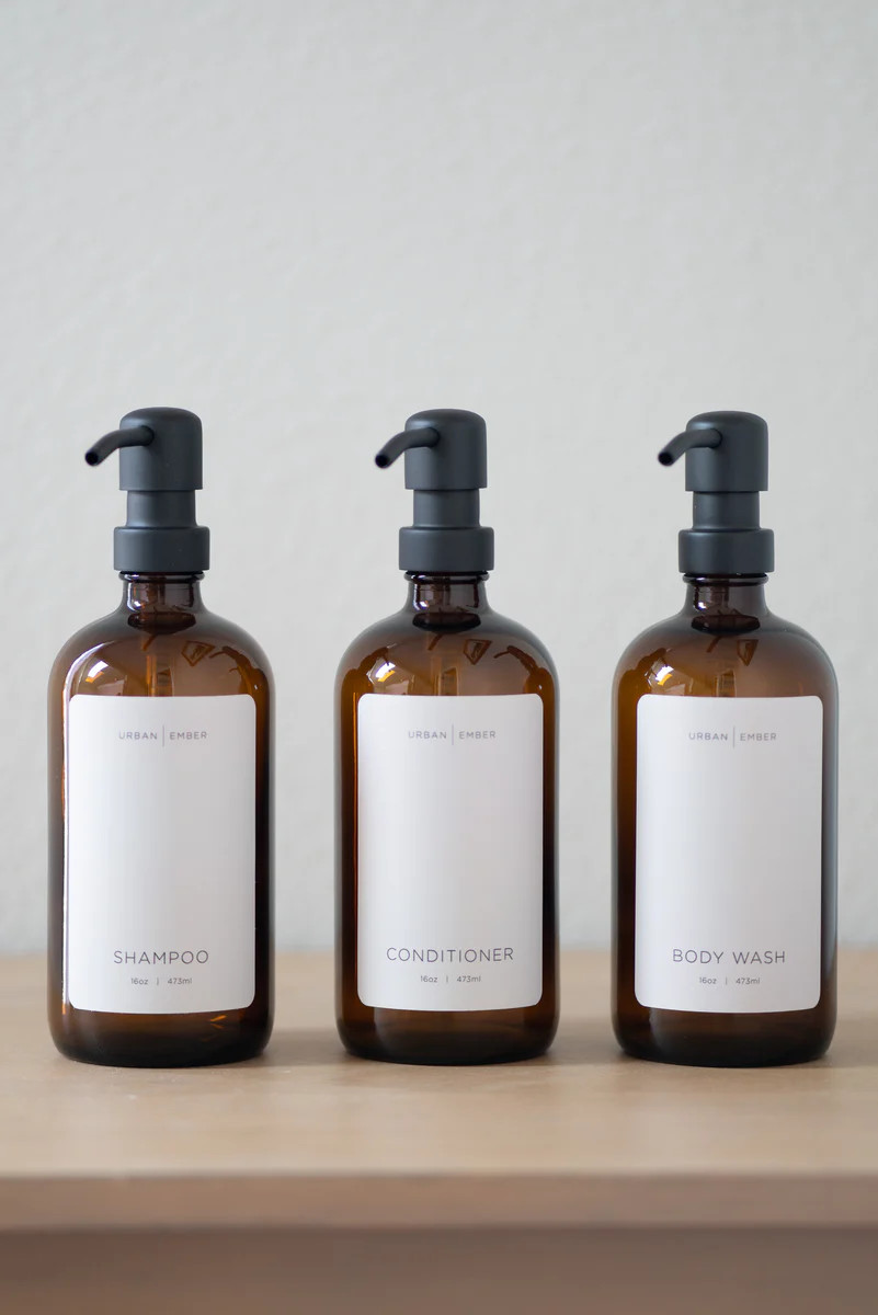 Minimalist Collection -Amber Glass Tan Shampoo, Conditioner, or Body Wash Dispenser | Urban Ember