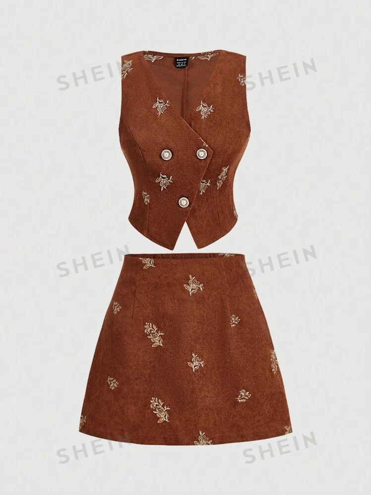 SHEIN MOD Plus Size Retro Corduroy Embroidered Vest & Skirt Suit Set | SHEIN