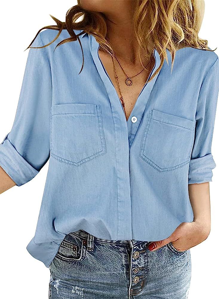 Amazon.com: Vetinee Womens V Neck Pockets Button Down Denim Shirt Casual Long Sleeve Blouse Tops ... | Amazon (US)