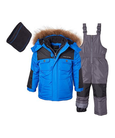 Royal Blue & Gray Color Block Faux Fur Hooded Puffer Coat Set - Boys | Zulily