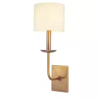 Fifth and Main Lighting Huntington 6.5 in. Aged Brass Wall Sconce with Off White Faux Silk Shade ... | The Home Depot