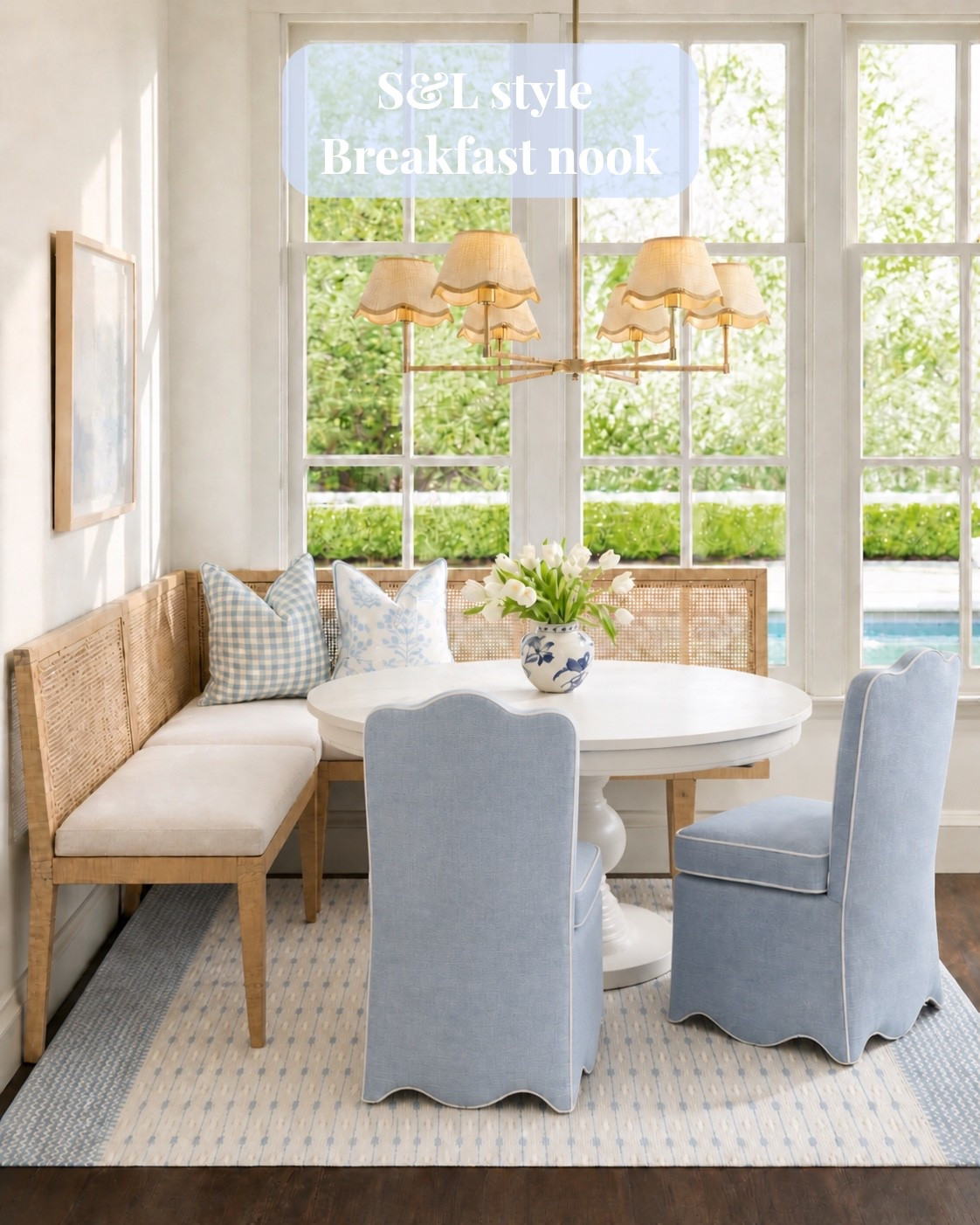 Another casual, comfortable breakfast nook that celebrates design details. Like the scallops that repeat in the dining chairs and lamp-shades. The woven details that are chord in the bench and light fixture. And the way white, blue and gold playfully bounce back and forth to each other. 
Everything linked below! 

#tjmaxx #bali&pari #hofdeco #wayfair #jillienhabor

#LTKSeasonal #LTKHome