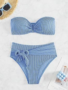 WDIRARA Women's 2 Piece Bikini Set Rib Knit Strapless Knot Front High Waist Swimsuit Set | Amazon (US)