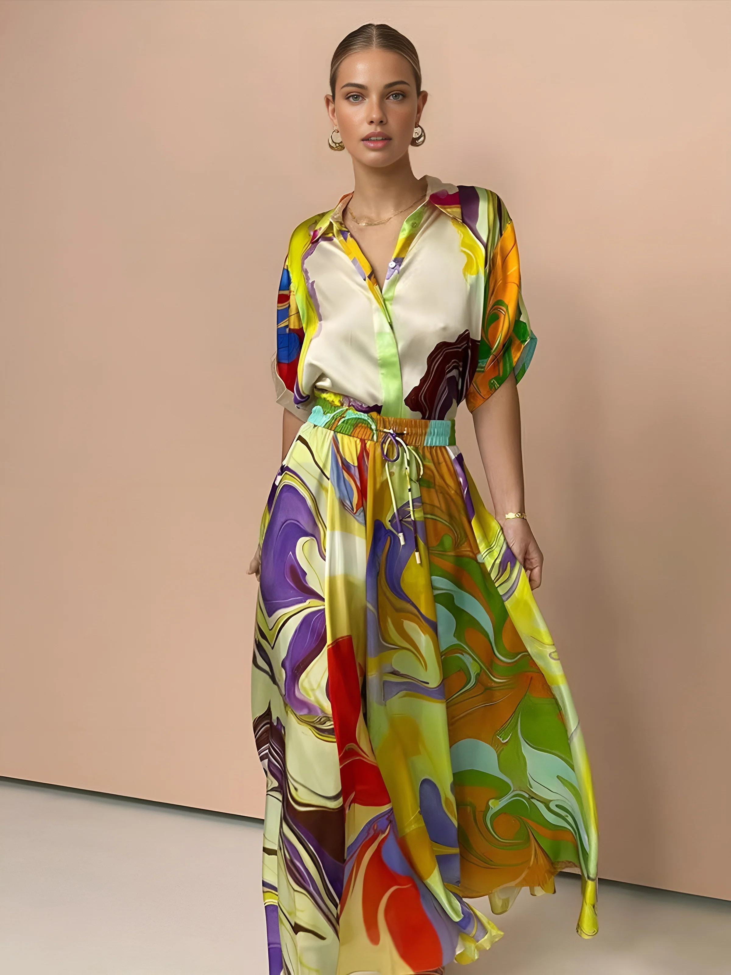 Satin Print Drawstring Skirt Set | Commense